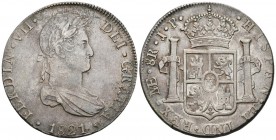 FERNANDO VII. 8 Reales. 1821. Lima JP. Cal-489. Ar. 26,94g. Bonita pátina. MBC+.
