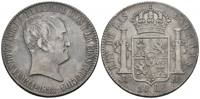 FERNANDO VII. 20 Reales. 1822. Madrid SR. Tipo "Cabezón". Cal-516. Ar. 26,73g. P...