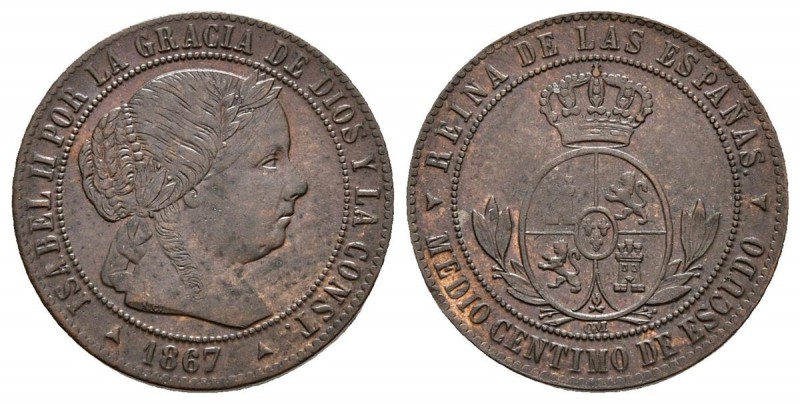 ISABEL II. 1/2 Céntimo de escudo. 1867. Segovia OM. Cal-677. Ae. 1,33g. EBC+.