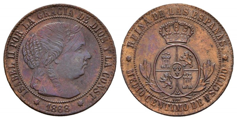 ISABEL II. 1/2 Céntimo de escudo. 1868. Sevilla OM. Parte del busto incuso en el...