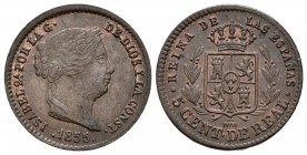 ISABEL II. 5 Céntimos de real. 1855. Segovia. Cal-612. Ae. 1,81g. EBC-.