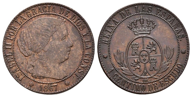 ISABEL II. 1 Céntimo de escudo. 1867. Barcelona OM. Cal-654. Ae. 2,45g. EBC-/EBC...