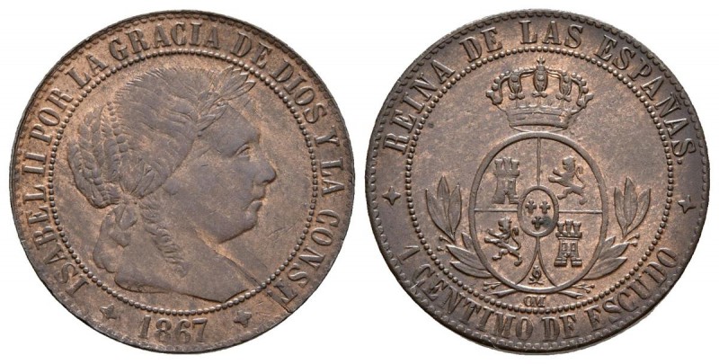 ISABEL II. 1 Céntimo de escudo. 1867. Jubia OM. Cal-658. Ae. 2,41g. Pequeñas ray...