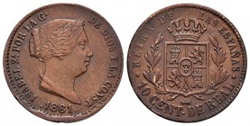 ISABEL II. 10 Céntimos de Real. 1861. Segovia. Cal-607. Ae. 3,71g. Doble acuñación en anverso. MBC+.