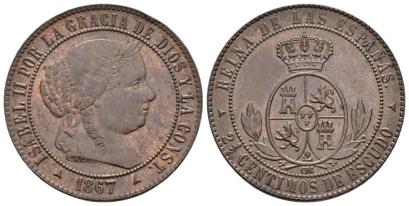 ISABEL II. 2 1/2 Céntimos de escudo. 1867. Segovia OM. Cal-647. Ae. 6,26g. EBC-....