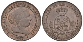 ISABEL II. 2 1/2 Céntimos de escudo. 1867. Segovia OM. Cal-647. Ae. 6,26g. EBC-.