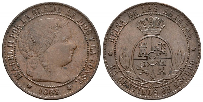 ISABEL II. 2 1/2 Céntimos de escudo. 1868. Sevilla OM. Cal-650. Ae. 6,25g. EBC-....