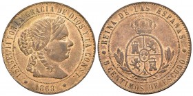 ISABEL II. 5 Céntimos de escudo. 1868. Barcelona OM. Cal-625. Ae. 11,75g. Brillo original. EBC-.