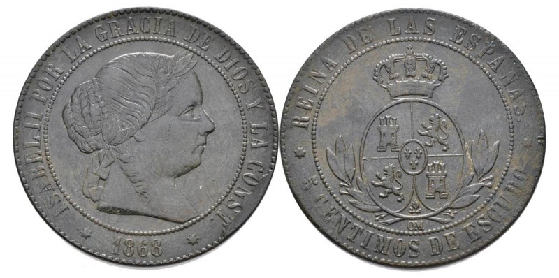 ISABEL II. 5 Céntimos de escudo. 1868. Sevilla OM. Cal-634. Ae. 11,97g. Pátina v...