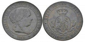ISABEL II. 5 Céntimos de escudo. 1868. Sevilla OM. Cal-634. Ae. 11,97g. Pátina verde. MBC-.
