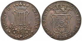 ISABEL II. 6 Cuartos. 1838. Barcelona. Cal-685. Ae. 13,81g. MBC+.