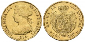 ISABEL II. 100 Reales. 1864. Madrid. Cal-29. Au. 8,38g. Golpecito en el canto. MBC+.