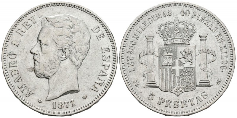 AMADEO I. 5 Pesetas. 1871 *18-71. Madrid SDM. Cal-5. Ar. 25,03g. Leves marquitas...