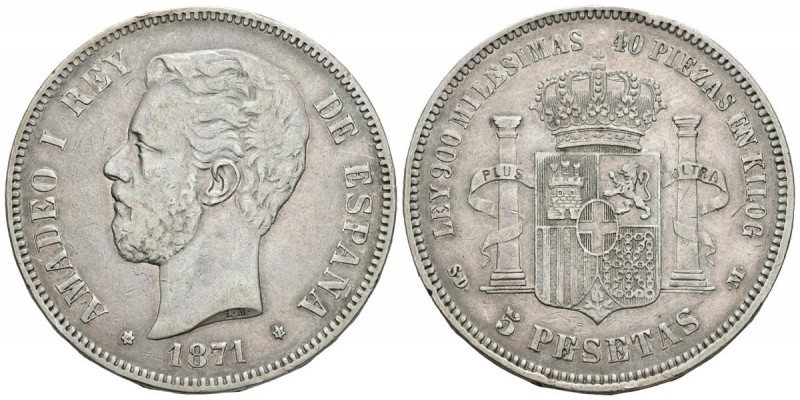 AMADEO I. 5 Pesetas. 1871 *18-71. Madrid SDM. Sin punto después de KILOG. Cal-5v...