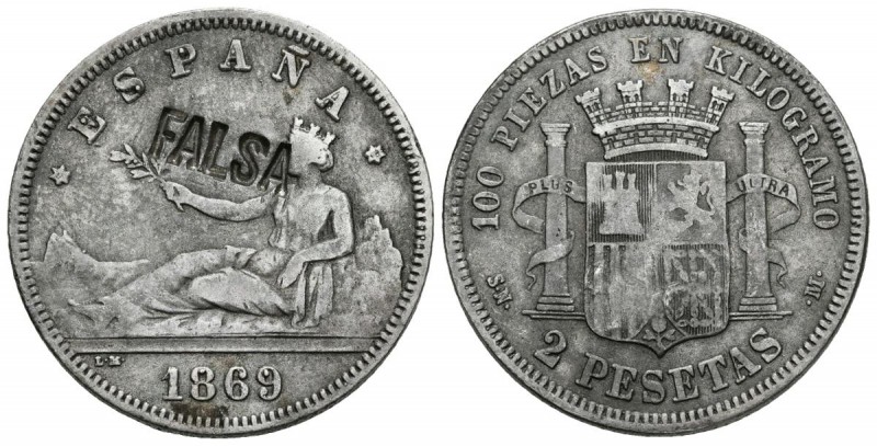 GOBIERNO PROVISIONAL. 2 Pesetas. 1869 *__-68. Madrid SNM. Falsa de época, retira...