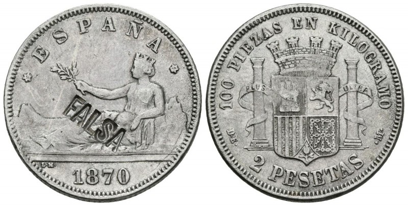 GOBIERNO PROVISIONAL. 2 Pesetas. 1870 *18-74. Madrid DEM. Falsa de época, retira...