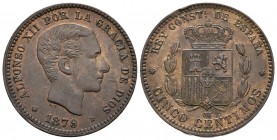 ALFONSO XII. 5 Céntimos. 1879. Barcelona OM. Cal-73. Ae. 5,10g. EBC-.