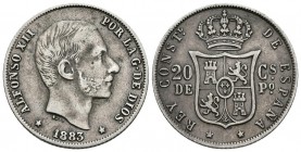 ALFONSO XII. 20 Centavos de Peso. 1883. Manila. Cal-90. Ar. 5,10g. MBC.