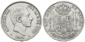 ALFONSO XII. 50 Centavos de Peso. 1881. Manila. Cal-79. Ar. 12,74g. MBC.