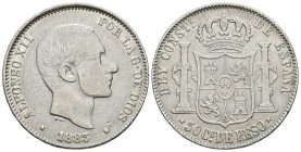 ALFONSO XII. 50 Centavos de Peso. 1883. Manila. Cal-83. Ar. 12,81g. BC+/MBC-.