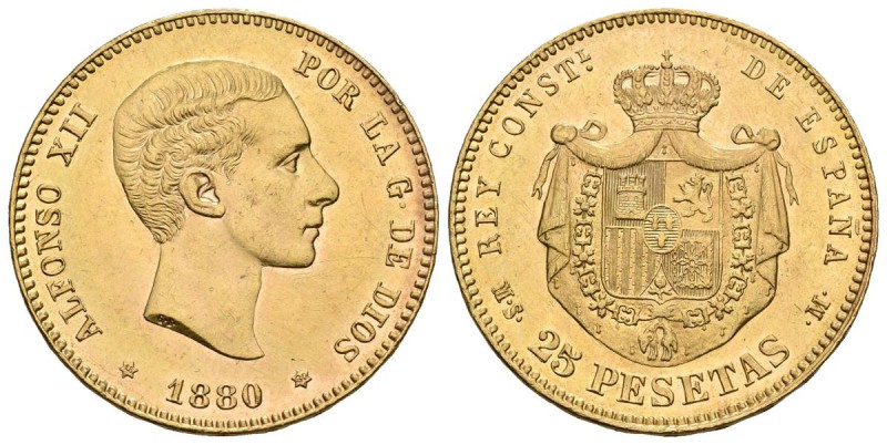 ALFONSO XII. 25 Pesetas. 1880 *18-80. Madrid MSM. Cal-10. Au. 8,07g. Mínimas mar...