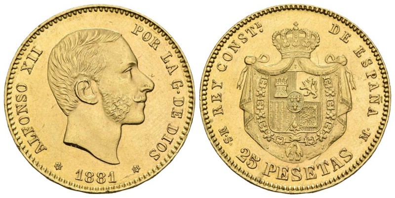 ALFONSO XII. 25 Pesetas. 1881 *18-81. Madrid MSM. Cal-14. Au. 8,06g. Parte del a...