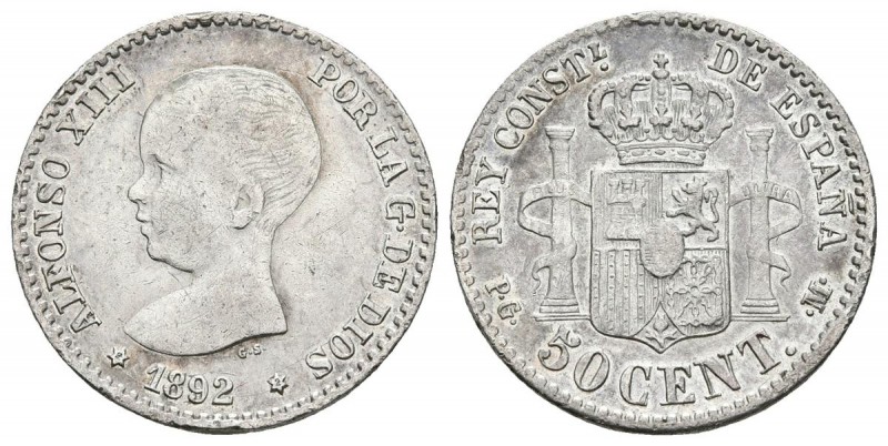 ALFONSO XIII. 50 Céntimos. 1892 *2-2. Madrid PGM. Cal-56. Ar. 2,46g. MBC. Escasa...