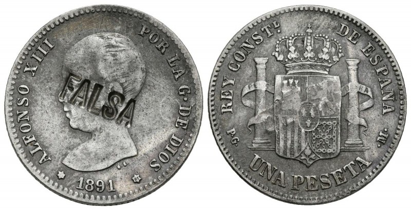 ALFONSO XIII. 1 Peseta. 1891 *__-91. Madrid PGM. Falsa de época, retirada por el...