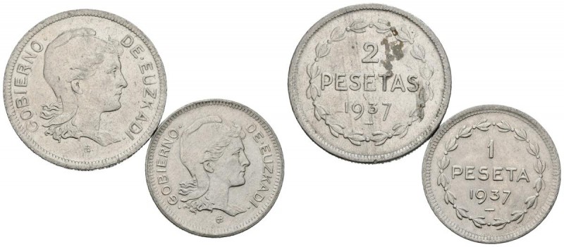 EUZKADI. Serie completa. (1 Peseta y 2 Pesetas). 1937. Cal-6. Ni. EBC/MBC+.