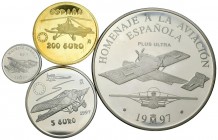 CONTEMPORANEO. Serie completa conmemorativa de Euros. 1, 5, 25 y 200 Euros. 1997. Madrid. Ar. 209,09g y Au. 34,55g. PROOF. Todas las monedas con sus r...
