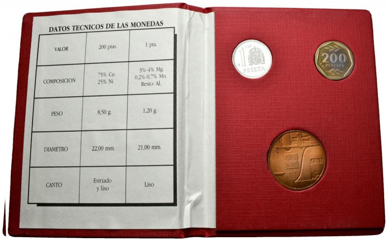 JUAN CARLOS I. Serie completa 1 y 200 Pesetas, medalla conmemorativa. 1987 *E-87...