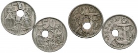 ESTADO ESPAÑOL. Lote compuesto por 2 monedas de 50 Céntimos. 1949 *19-53 y estrellas no visibles, ambas con perforación central desplazada 3mm. MBC+/M...