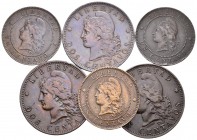 ARGENTINA. Lote compuesto por 6 monedas de cobre. Conteniendo 1 Centavo 1884, 1885 y 1886 y 2 Centavos 1889, 1890 y 1891. Ae. MBC-/MBC+.