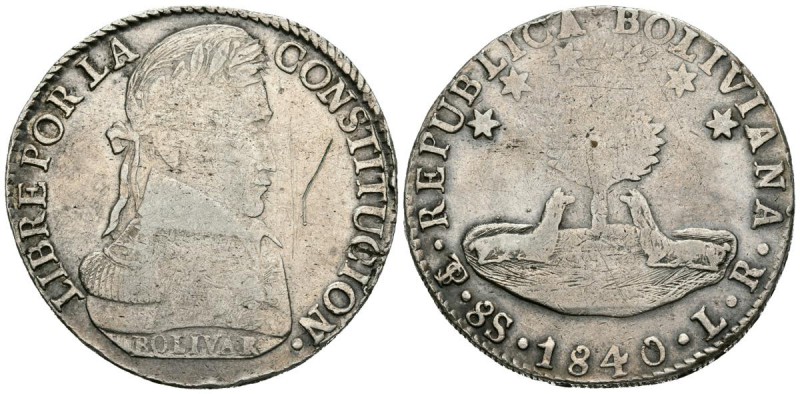 BOLIVIA. 8 Soles. 1840. Potosí LR. Km#97. Ar. 26,63g. Raya en anverso. MBC-.