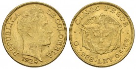 COLOMBIA. 5 Pesos. 1924. Bogotá B. Km#201.1. Au. 8,16g. Marquitas. MBC+.