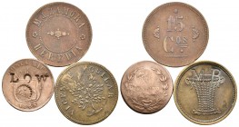 COSTA RICA. Lote compuesto por 3 Tokens, 15 Centavos de M.J. Zamora Heredia, Vicente Cullar (Sin valor) y 1 Centavo de 1865 con contramarca L.M. y LOW...
