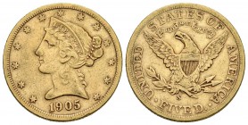 ESTADOS UNIDOS. 5 Dollars. 1905. San Francisco S. Km#101; Fr. 145. Au. 8,25g. MBC-