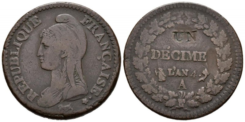 FRANCIA. 1 Decime an 4 A. 1793-1804. Contramarca UN sobre 2 Decimes. Km#637.1; G...