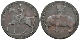 GRAN BRETAÑA. 1/2 Penny Token. 1792. Coventry. A/ Lady Godiva a caballo. PRO BONO PUBLICO, en exergo 1792. R/ Elefante a izquierda con torre sobre él,...