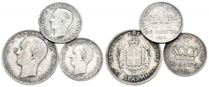 GRECIA. 50 Lepta 1874 A (2) Km#37 y 1 Dracma 1873 A. Km#39. Ar. MBC-/MBC.