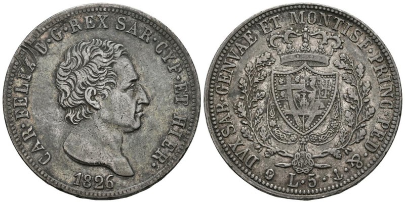 ITALIA. Carlo Felix. 5 Lire. 1826. Génova P. Km#116.2. Ar. 24,83g. Bonita pátina...