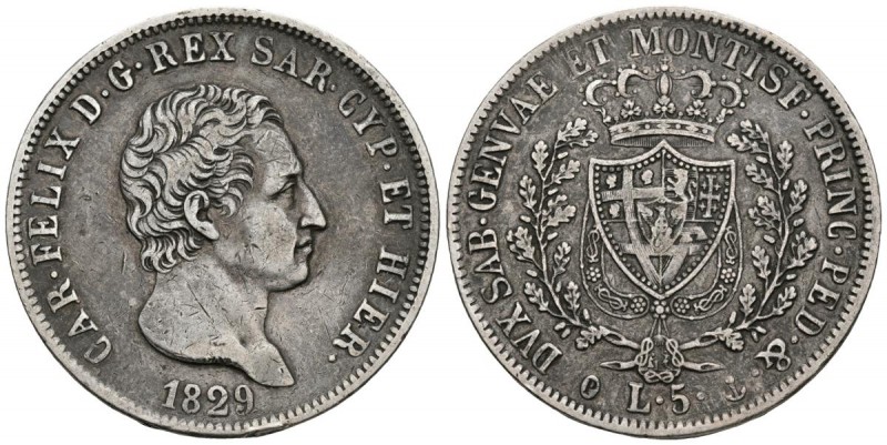 ITALIA. Carlo Felix. 5 Lire. 1829. Génova P. Km#116.2. Ar. 24,67g. Pátina. MBC....