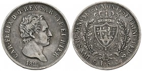 ITALIA. Carlo Felix. 5 Lire. 1829. Génova P. Km#116.2. Ar. 24,67g. Pátina. MBC.