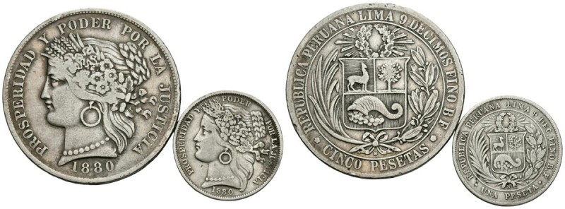 PERU. 1 y 5 Pesetas. 1880. Lima BF. Km#200.1 y Km#201.2. Ar. 4,72g y 24,63g. MBC...