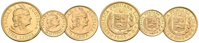PERU. 1/5 de Libra, 1/2 Libra y 1 Libra. 1964. Lima. Km#210. Au. Peso total 13,5...