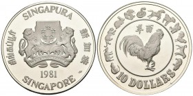 SINGAPUR. 10 Dollars. 1981. Año del gallo. Ar. Presentado en cápsula cerrada. PROOF.