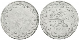 TURQUIA. 20 Kurush. AH1327/8. 1909-1918. Km#780. Constantinopla. Ar. 24,12g. Marquita en reverso. MBC+.