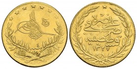 TURQUIA. Mehmed V. 100 Kurush. 1327H. Constantinopla. Km#754. Au. 7,31g. Contramarca en anverso. MBC+.