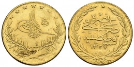 TURQUIA. Mehmed V. 100 Kurush. 1327H. Constantinopla. Km#754. Au. 7,22g. Contramarca en anverso. MBC+.