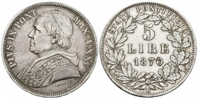 VATICANO. 5 Liras. 1870. Km#1385. Ar. 25,03g. Golpe en el canto. MBC+.